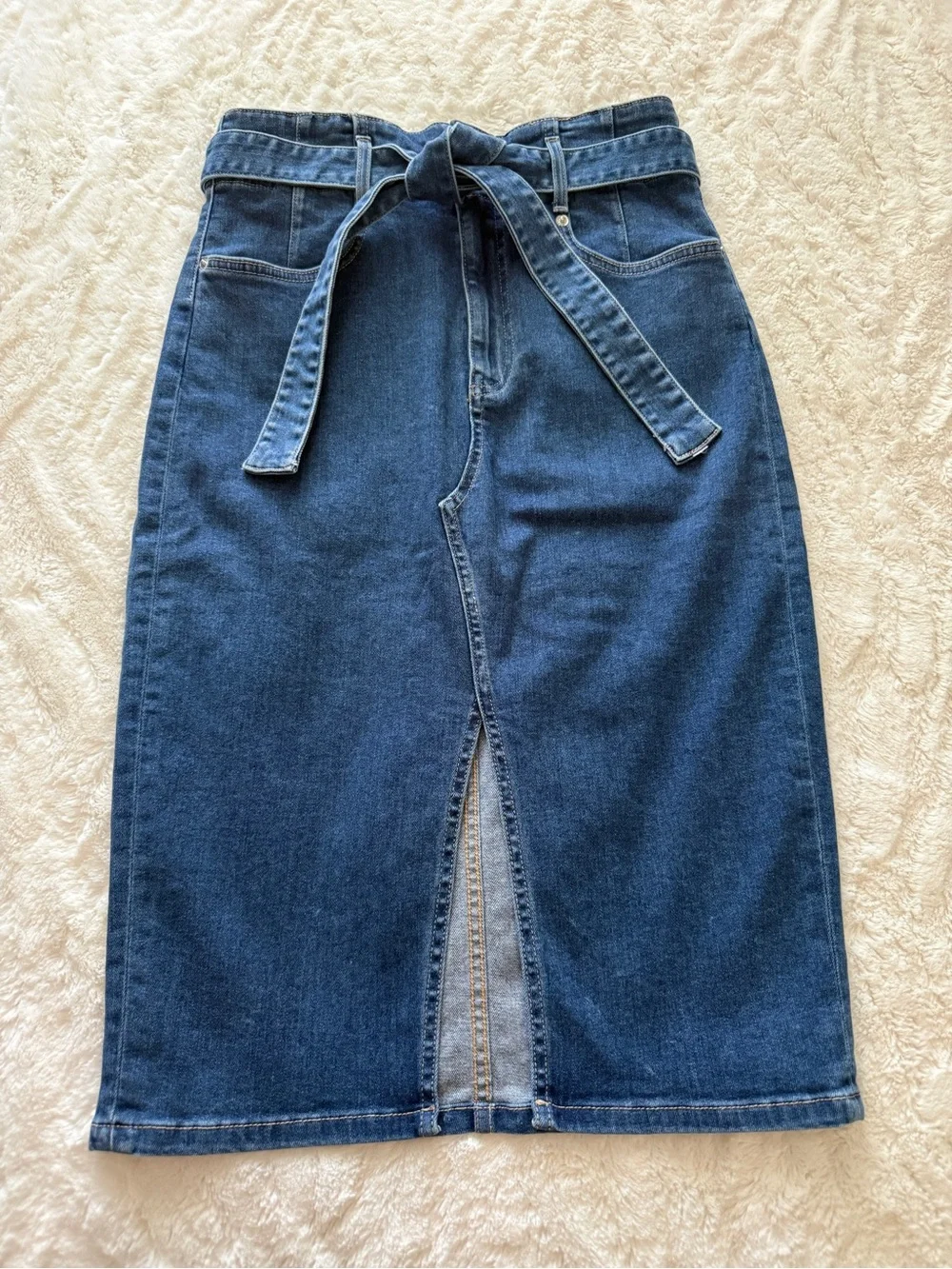 Veronica Beard Jeans Paperbag Waist Denim Midi Skirt Belted USA 6